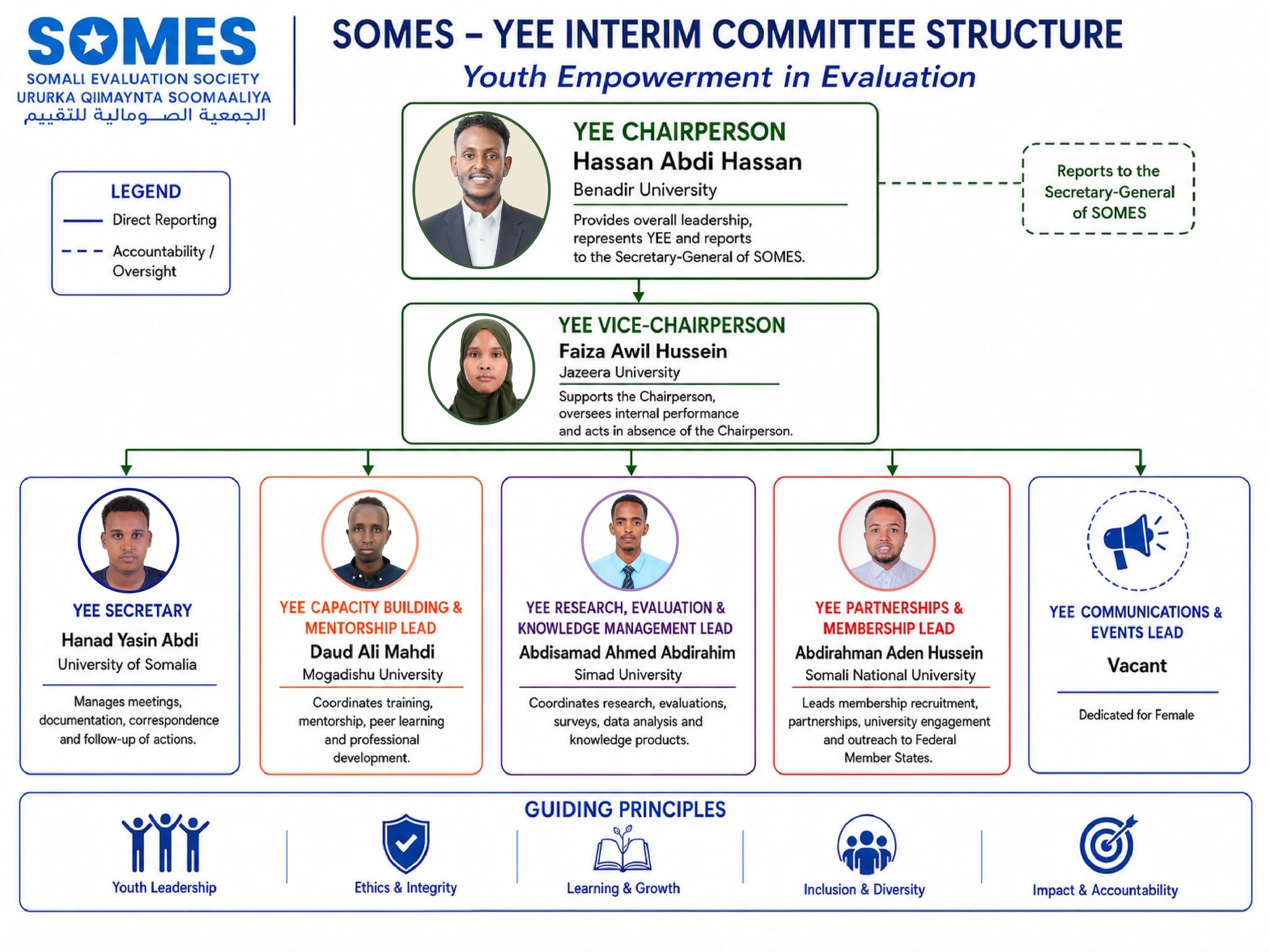 SOMES–YEE Interim Committee structure showing the chairperson, vice-chairperson and thematic leads